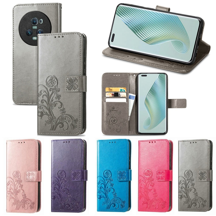 For Honor Magic5 Pro Four-leaf Clasp Embossed Buckle Leather Phone Case(Rose Gold)