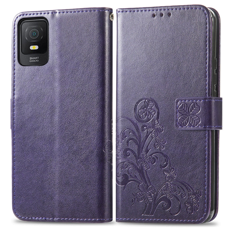 For TCL 403 Four-leaf Clasp Embossed Buckle Leather Phone Case(Purple)