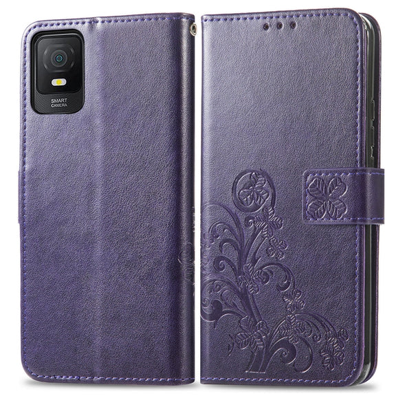 For TCL 403 Four-leaf Clasp Embossed Buckle Leather Phone Case(Purple)
