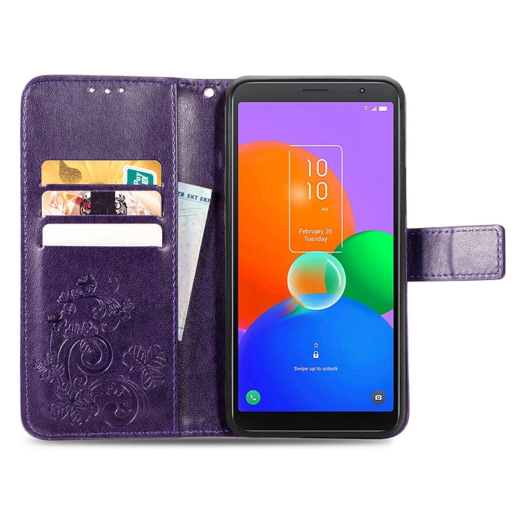 For TCL 403 Four-leaf Clasp Embossed Buckle Leather Phone Case(Purple)