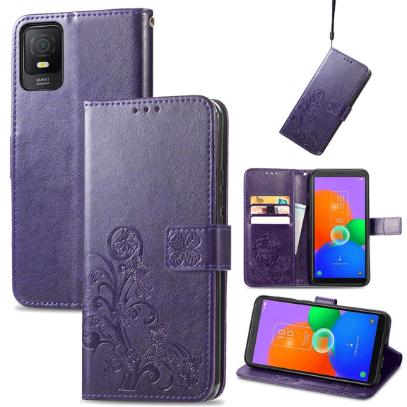 For TCL 403 Four-leaf Clasp Embossed Buckle Leather Phone Case(Purple)