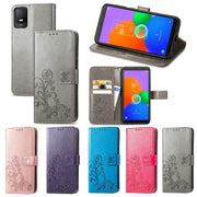 For TCL 403 Four-leaf Clasp Embossed Buckle Leather Phone Case(Purple)