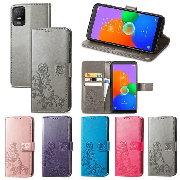 For TCL 403 Four-leaf Clasp Embossed Buckle Leather Phone Case(Purple)