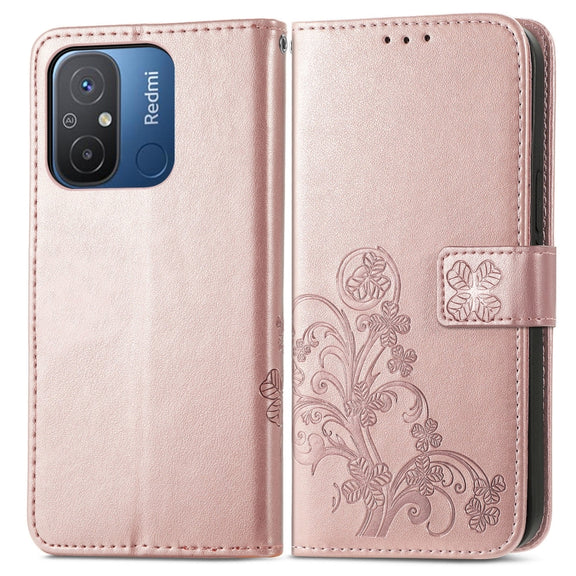 For Xiaomi Redmi 12C Four-leaf Clasp Embossed Buckle Leather Phone Case(Rose Gold)