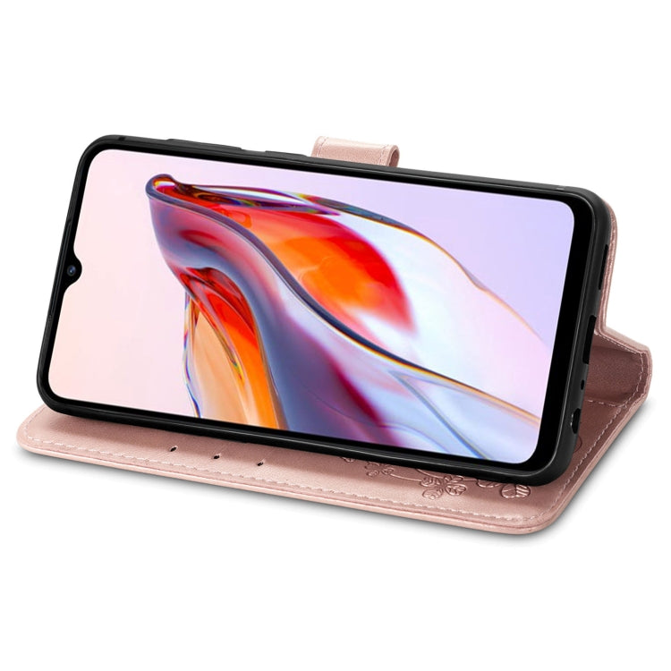 For Xiaomi Redmi 12C Four-leaf Clasp Embossed Buckle Leather Phone Case(Rose Gold)