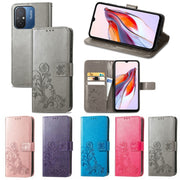 For Xiaomi Redmi 12C Four-leaf Clasp Embossed Buckle Leather Phone Case(Rose Gold)