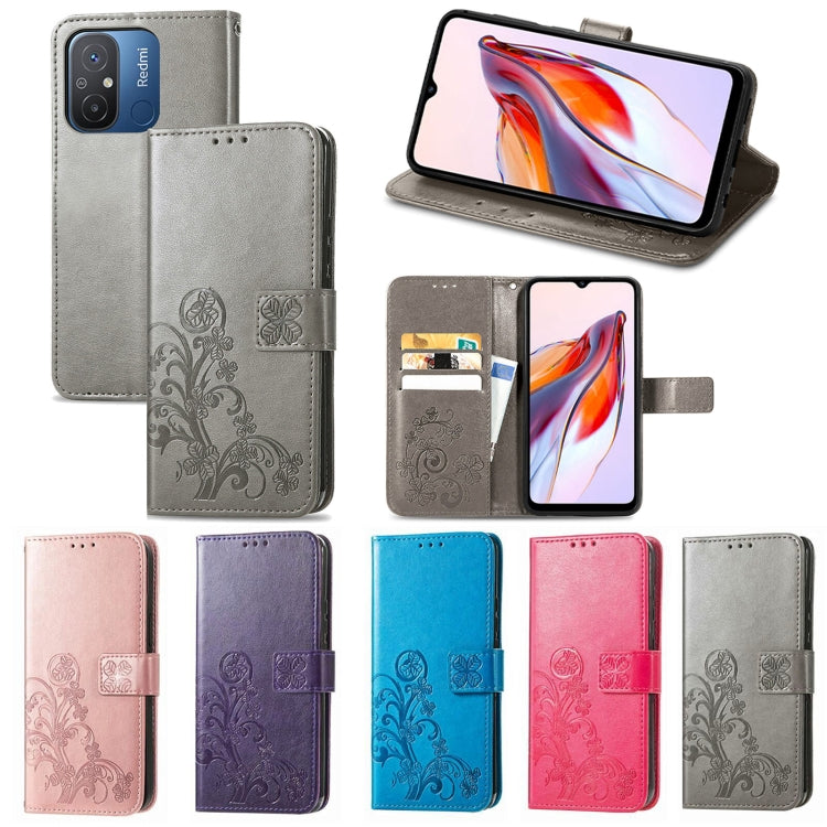 For Xiaomi Redmi 12C Four-leaf Clasp Embossed Buckle Leather Phone Case(Rose Gold)