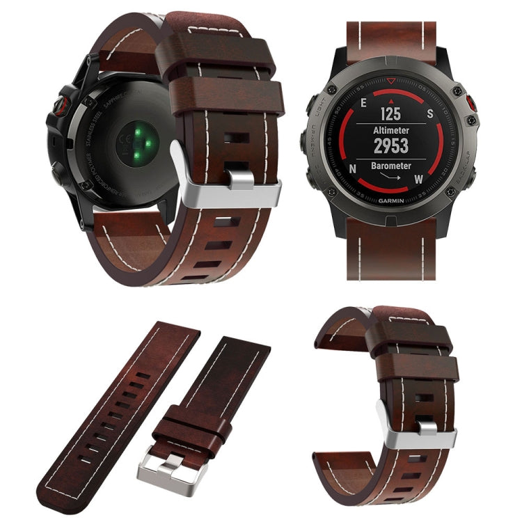 For Garmin Fenix 3 26mm Sewing Leather Steel Buckle Watch Band(Red Brown)