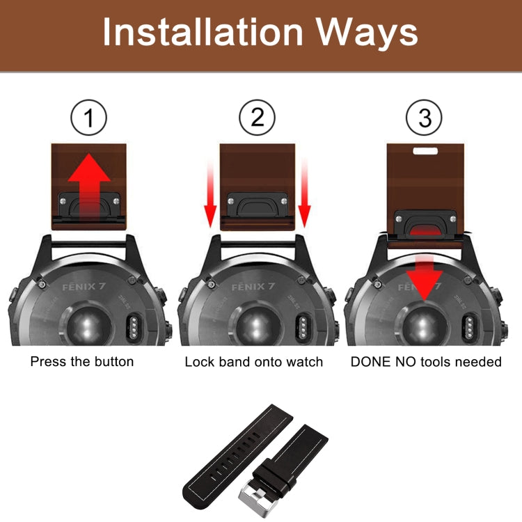 For Garmin Fenix 3 HR 26mm Sewing Leather Steel Buckle Watch Band(Black)
