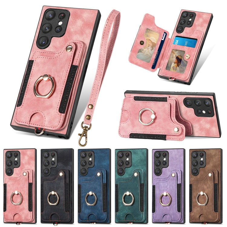 For Samsung Galaxy S22 Ultra 5G Retro Skin-feel Ring Multi-card Wallet Phone Case(Green)