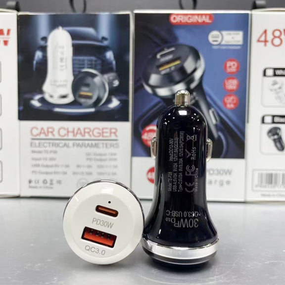 P28 USB-C PD30W + QC3.0 18W USB Dual Port Car Charger(White)
