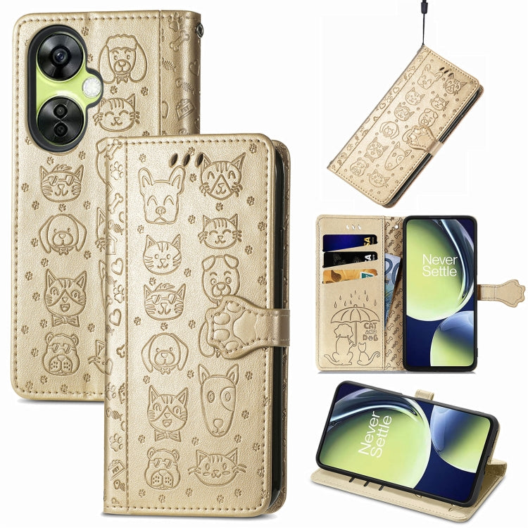 For OnePlus Nord CE 3 Lite Cat and Dog Embossed Leather Phone Case(Gold)