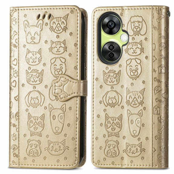 For OnePlus Nord CE 3 Lite Cat and Dog Embossed Leather Phone Case(Gold)
