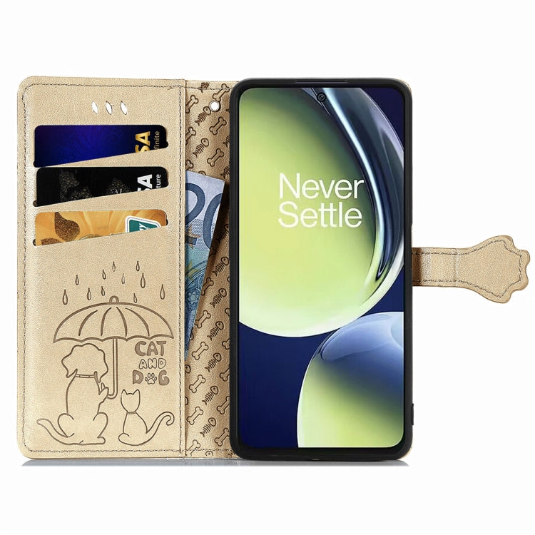 For OnePlus Nord CE 3 Lite Cat and Dog Embossed Leather Phone Case(Gold)