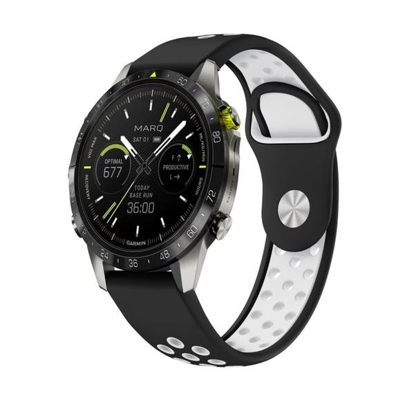 For Garmin MARQ Athlete Gen 2 22mm Sports Breathable Silicone Watch Band(Black+White)