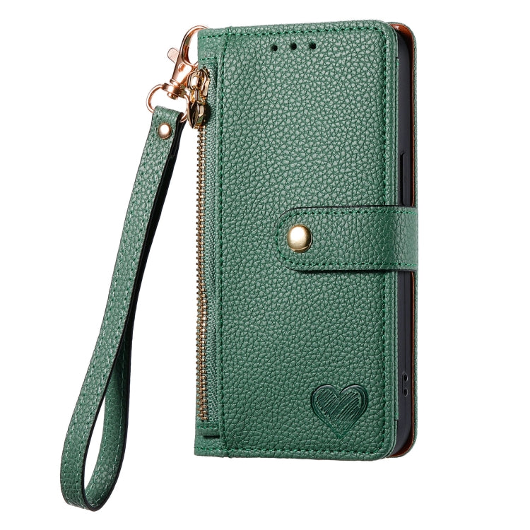 For iPhone 14 Love Zipper Lanyard Leather Phone Case(Green)