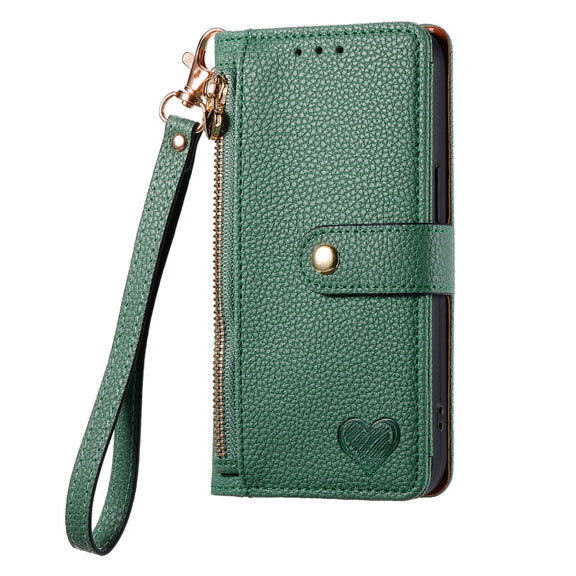 For iPhone 14 Love Zipper Lanyard Leather Phone Case(Green)