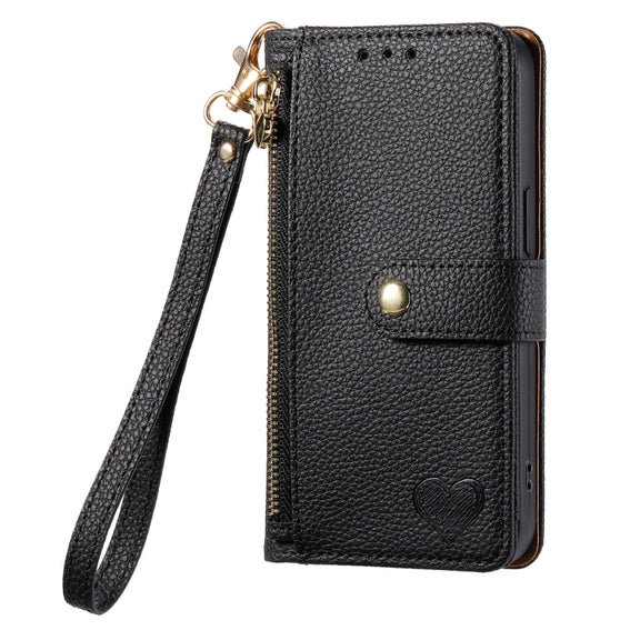 For iPhone 14 Plus Love Zipper Lanyard Leather Phone Case(Black)