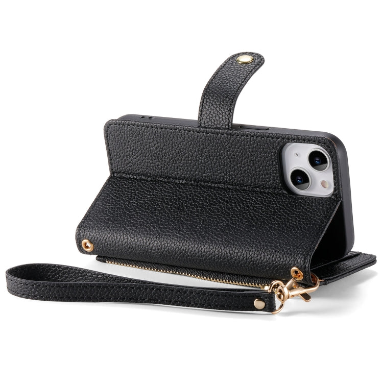 For iPhone 14 Plus Love Zipper Lanyard Leather Phone Case(Black)