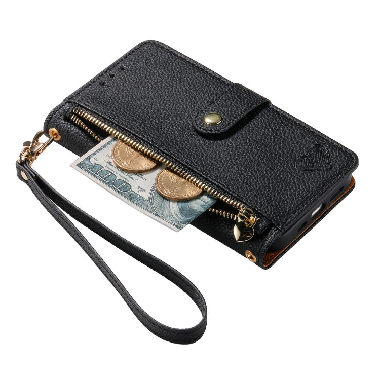 For iPhone 14 Plus Love Zipper Lanyard Leather Phone Case(Black)
