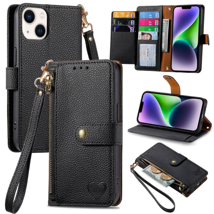 For iPhone 14 Plus Love Zipper Lanyard Leather Phone Case(Black)