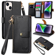 For iPhone 14 Plus Love Zipper Lanyard Leather Phone Case(Black)