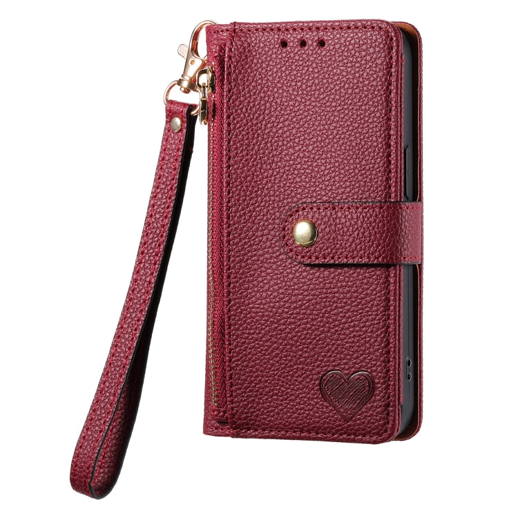 For iPhone 14 Pro Max Love Zipper Lanyard Leather Phone Case(Red)