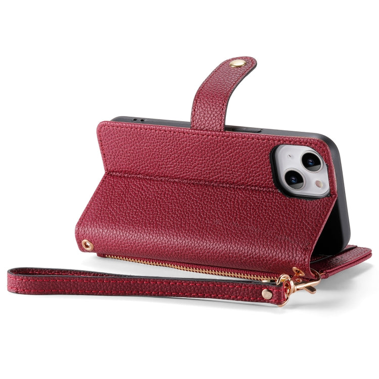 For iPhone 13 Love Zipper Lanyard Leather Phone Case(Red)