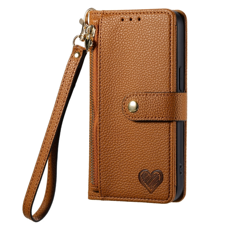 For iPhone 13 Pro Love Zipper Lanyard Leather Phone Case(Brown)