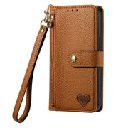 For iPhone 13 Pro Love Zipper Lanyard Leather Phone Case(Brown)