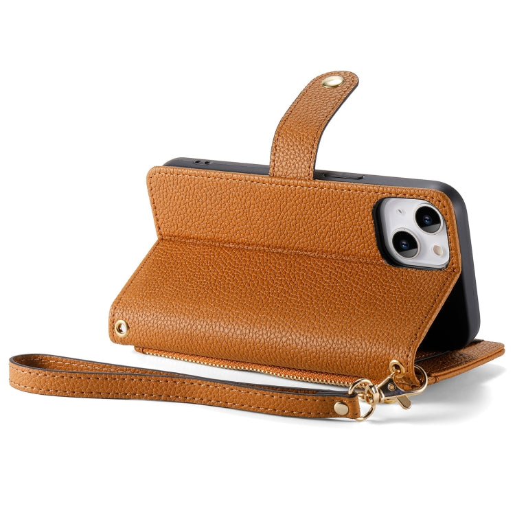 For iPhone 13 Pro Love Zipper Lanyard Leather Phone Case(Brown)