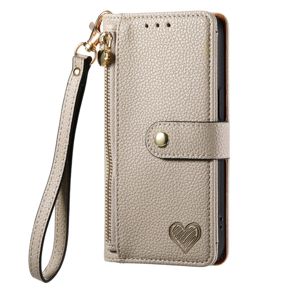 For iPhone 12 mini Love Zipper Lanyard Leather Phone Case(Gray)