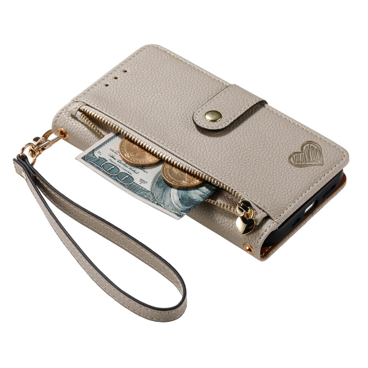 For iPhone 12 mini Love Zipper Lanyard Leather Phone Case(Gray)
