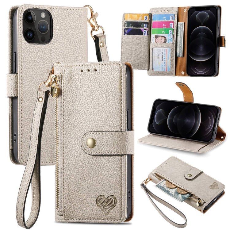 For iPhone 12 / 12 Pro Love Zipper Lanyard Leather Phone Case(Gray)