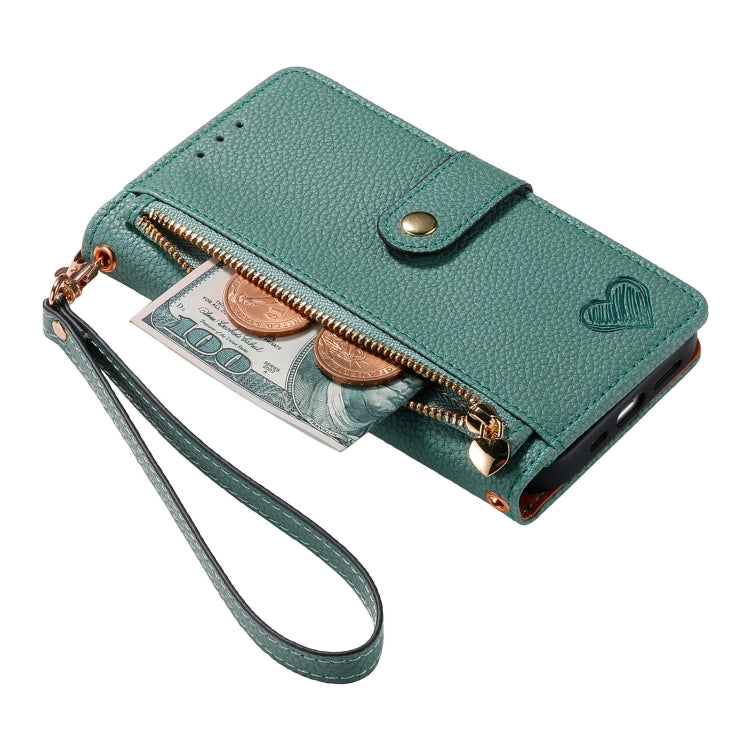 For iPhone 12 Pro Max Love Zipper Lanyard Leather Phone Case(Green)