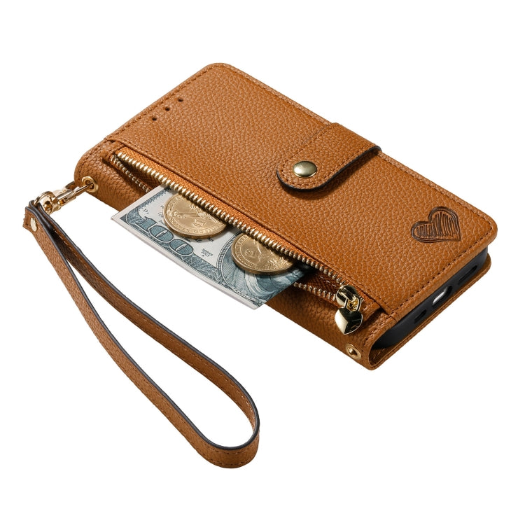 For iPhone 11 Pro Love Zipper Lanyard Leather Phone Case(Brown)
