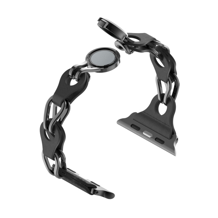 For Apple Watch 42mm Hollow Leather Chain Magnetic Buckle Watch Band(Black)