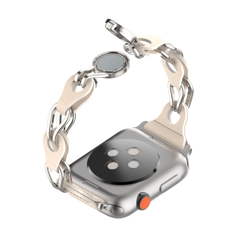 For Apple Watch 38mm Hollow Leather Chain Magnetic Buckle Watch Band(Starlight Color)