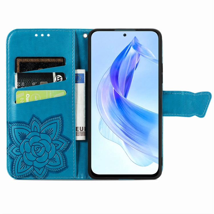 For Honor 90 Lite Butterfly Love Flower Embossed Leather Phone Case(Blue)