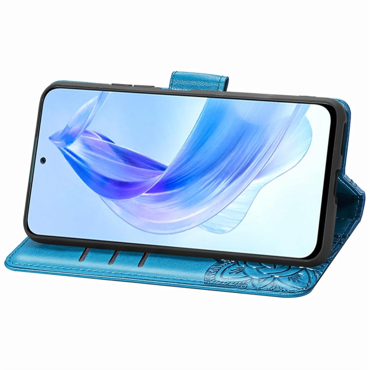 For Honor 90 Lite Butterfly Love Flower Embossed Leather Phone Case(Blue)