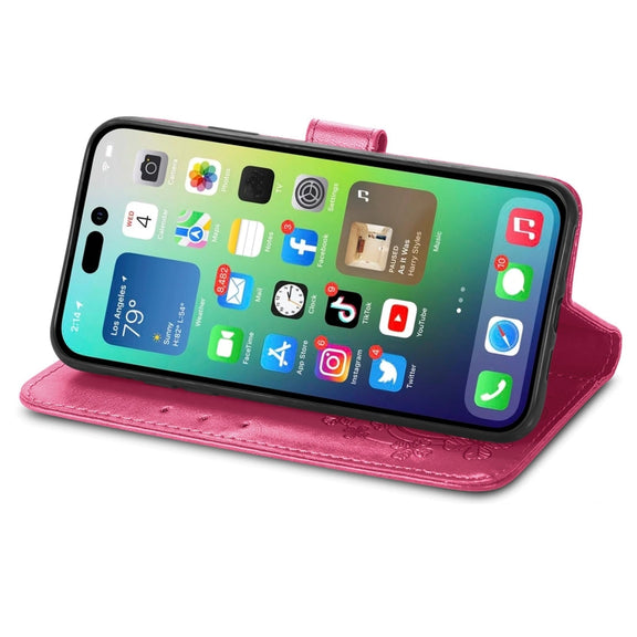 For iPhone 15 Four-leaf Clasp Embossed Buckle Leather Phone Case(Magengta)