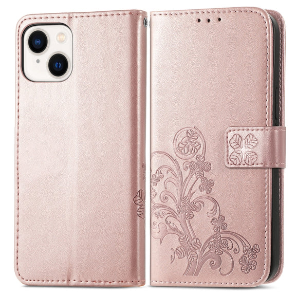 For iPhone 15 Four-leaf Clasp Embossed Buckle Leather Phone Case(Rose Gold)