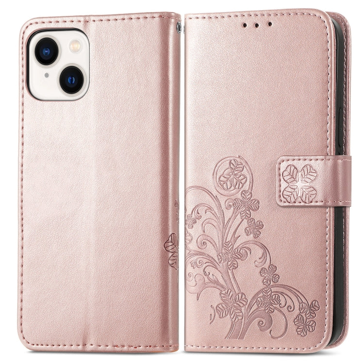 For iPhone 15 Plus Four-leaf Clasp Embossed Buckle Leather Phone Case(Rose Gold)