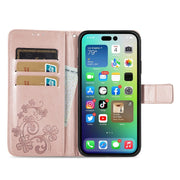 For iPhone 15 Pro Four-leaf Clasp Embossed Buckle Leather Phone Case(Rose Gold)