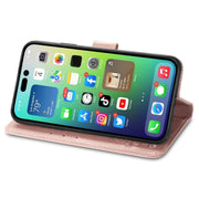 For iPhone 15 Pro Four-leaf Clasp Embossed Buckle Leather Phone Case(Rose Gold)