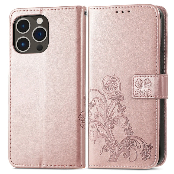 For iPhone 15 Pro Max Four-leaf Clasp Embossed Buckle Leather Phone Case(Rose Gold)