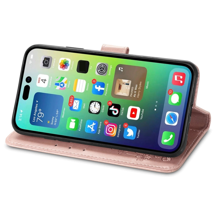 For iPhone 15 Pro Max Four-leaf Clasp Embossed Buckle Leather Phone Case(Rose Gold)