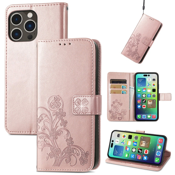 For iPhone 15 Pro Max Four-leaf Clasp Embossed Buckle Leather Phone Case(Rose Gold)