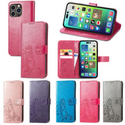 For iPhone 15 Four-leaf Clasp Embossed Buckle Leather Phone Case(Magengta)