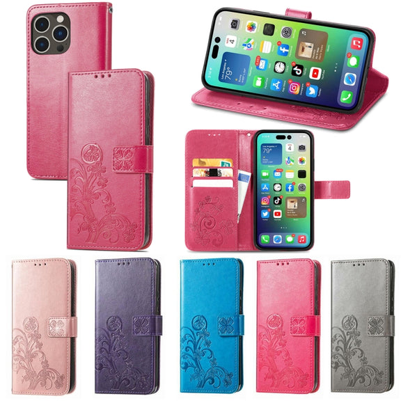 For iPhone 15 Four-leaf Clasp Embossed Buckle Leather Phone Case(Magengta)